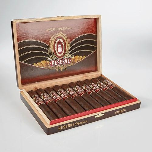 Alec Bradley Reserve Maduro Grande Cigars 10Ct. Box, open wooden cigar box with ten cigars inside, featuring a red and gold label, and a decorative interior lid design.