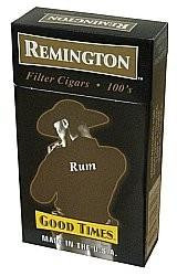 Remington Filtered Cigars Rum, product packaging featuring a black box with gold and white accents, and an image of a man wearing a hat and smoking a cigar.