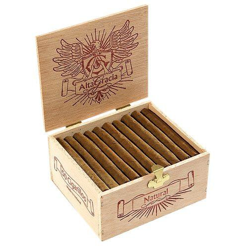 Scandinavian Tobacco Alta Gracia Senoritas Natural Cigarillos 50Ct. Box, opened wooden box containing neatly arranged cigarillos with a natural appearance.