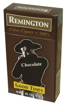 Remington Filtered Cigars Chocolate, packaging of chocolate-flavored filtered cigars with a silhouette of a person wearing a hat on the box.