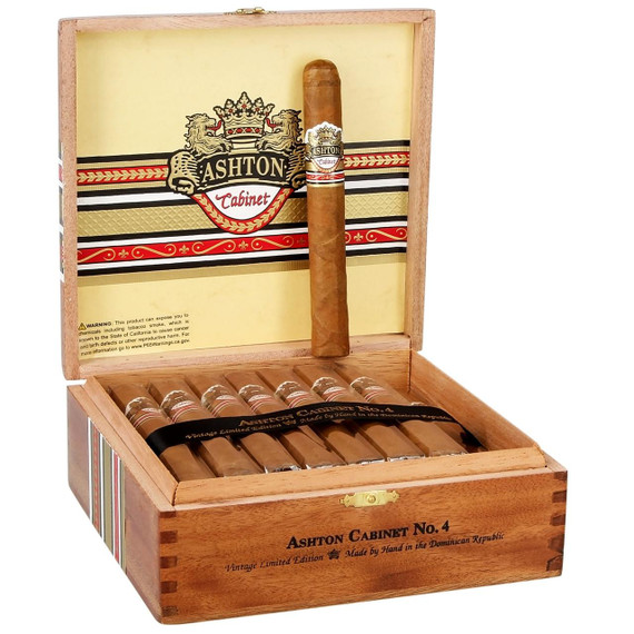 Ashton Cigars Ashton Cabinet Selection #4 Corona Cigars 25Ct. Box, a wooden cigar box with a partially opened lid showcasing a single cigar and multiple cigars neatly arranged inside.