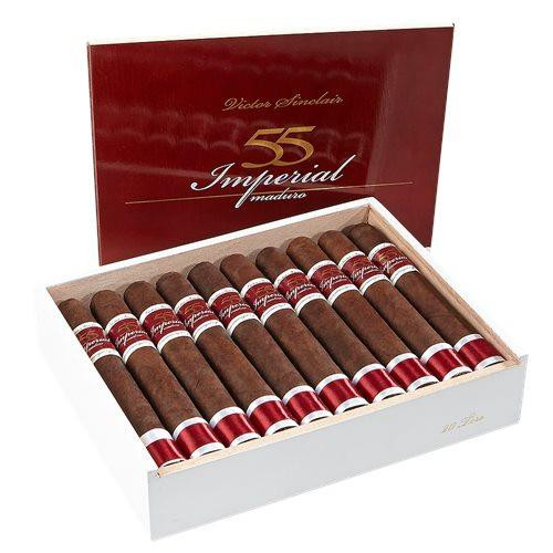 Victor Sinclair Serie '55' Imperial Maduro Cigars, open box showing 15 cigars with red and white bands in a wooden tray.