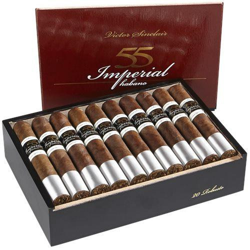 Victor Sinclair Serie '55' Imperial Habano Cigars, a box of 20 premium cigars with brown wrappers and silver bands, presented in a burgundy and black box.