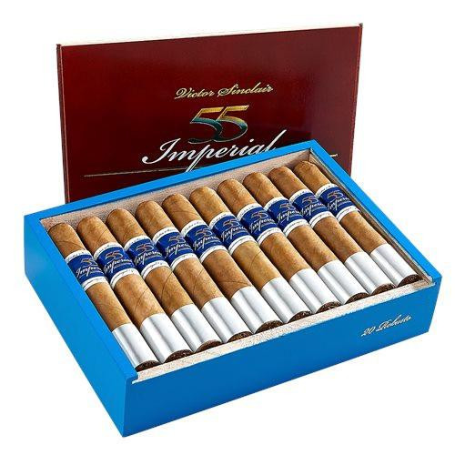 Victor Sinclair Serie '55' Imperial Connecticut Cigars, a box of 20 cigars with light brown wrappers and blue and white bands, in a blue box with a red lid featuring gold and white lettering.