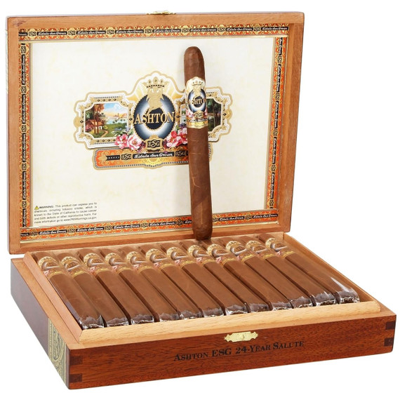 Ashton Cigars Ashton Estate Sun Grown 24-Year Salute Cigars 25 Ct. Box, opened wooden cigar box displaying 25 cigars and branded interior with colorful artwork and label.