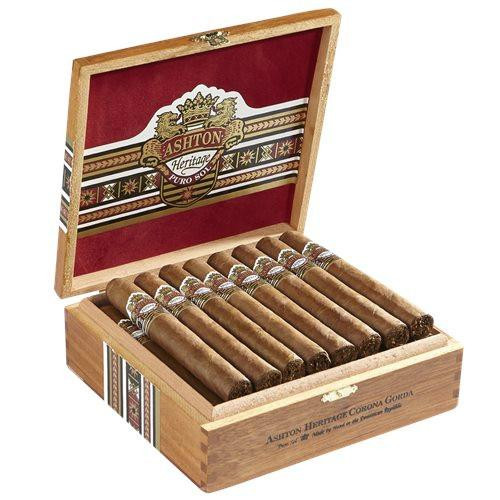 Ashton Cigars Ashton Heritage Puro Sol Corona Gorda Cigars 25 Ct. Box, open wooden cigar box with multiple cigars inside.