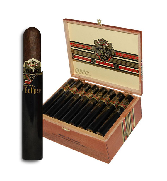 Ashton Cigars Ashton VSG Cigars Eclipse Tubos 24Ct. Box, a wooden box containing 24 black wrapped cigars with gold and red accents, and a single cigar outside the box with similar design.