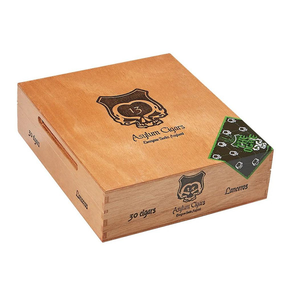 Asylum 13 Ogre Lancero Cigars 30Ct. Box, wooden cigar box with Asylum 13 logo and green and black seal on the corner.