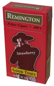 Remington Filtered Cigars Strawberry, red packaging with a silhouette of a woman wearing a large hat and the flavor label Strawberry.