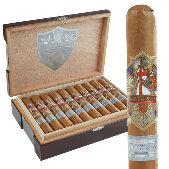 AJ Fernandez Ave Maria Immaculata Robusto Cigars 20Ct. Box, a wooden cigar box with silver emblem inside and a single cigar with a detailed shield and knight illustration, featuring gold, red, silver, and blue accents.