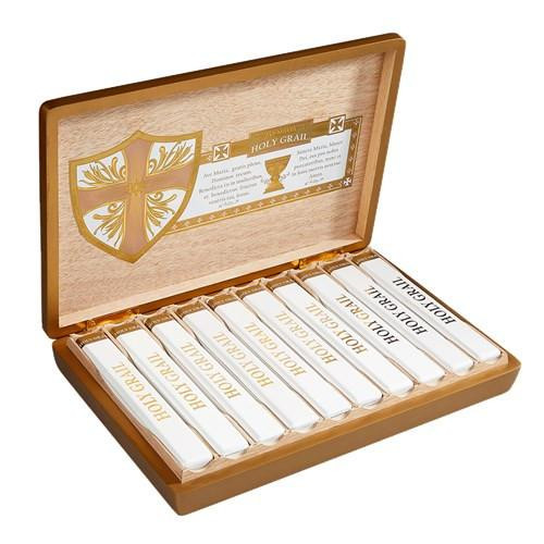AJ Fernandez Ave Maria Holy Grail Churchill Cigars 10Ct. Box, wooden box with ten wrapped cigars inside, featuring gold and white branding.