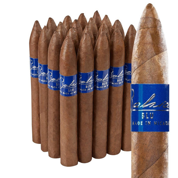 Bahia Blu E652 Cigars 20Ct. Pack, collection of 20 cigars with brown wrappers and blue branded bands.
