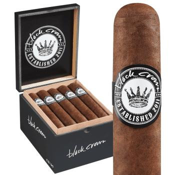 Black Crown Gordo Cigars 20 Ct. Box, closed black box with cigars inside and an open cigar showing its brown wrapper with Black Crown logo label.