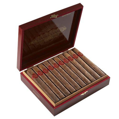 Sancho Panza Extra-Fuerte Cigars, open red wooden cigar box displaying neatly arranged cigars with a glass lid