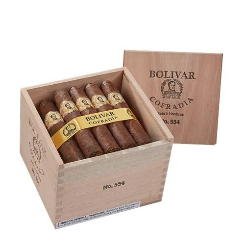Bolivar CofradiaNo. 554 Robusto Cigars 24Ct. Box, open wooden cigar box showcasing neatly arranged cigars with a yellow band and the Bolivar logo, with the box lid displaying the Bolivar and Cofradia branding.