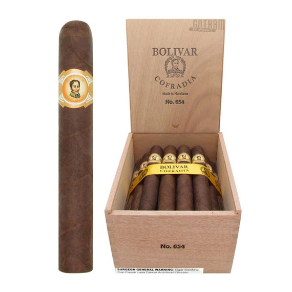 General Cigar Bolivar Cofradia No. 654 Cigars, 25 Count Box of cigars with one cigar outside the box showing its label.