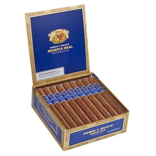 Romeo y Julieta Reserva Real Nicaragua Cigars, open box showing neatly arranged cigars with blue and gold bands inside a decorative blue and gold box.