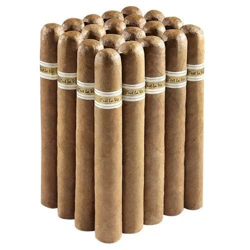 C'est La Vie Churchill Sweet Cigars 20Ct. Pack, a collection of 20 cylindrical light brown cigars with smooth surfaces and white and gold bands around the middle.