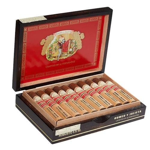 Romeo y Julieta by AJ Fernandez Cigars, a wooden box containing multiple cigars with red and beige bands, open to showcase the cigars inside.