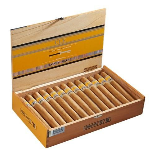 CLE Connecticut 470 Cigars 25Ct. Box, open wooden cigar box filled with premium cigars neatly arranged inside with a yellow and brown label design.