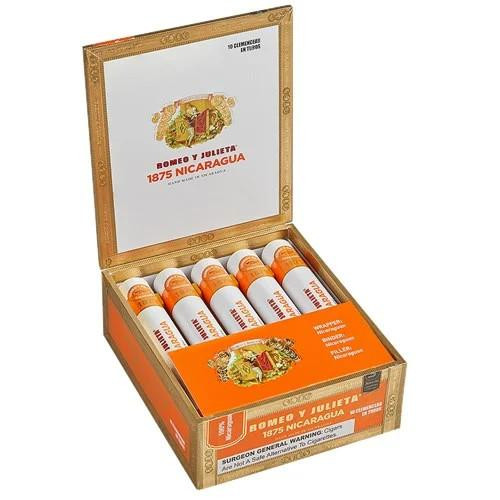 Romeo y Julieta 1875 Nicaragua Clemenceau En Tubo Cigars, open wooden box displaying multiple individually wrapped cigars with orange and white packaging