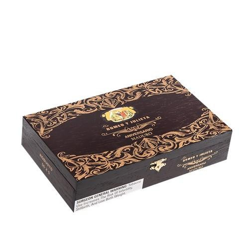Romeo y Julieta Aniversario Maduro Cigars, decorative black and gold cigar box with ornate patterns and the Romeo y Julieta logo.