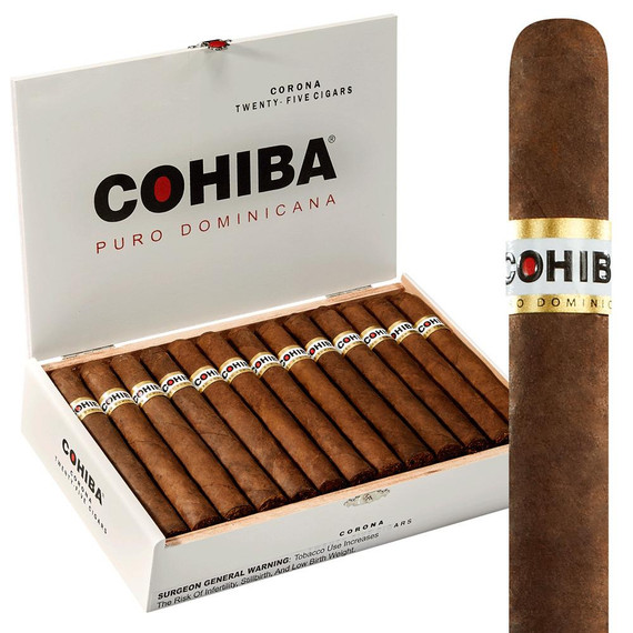General Cigar Cohiba Puro Dominicana Corona Cigars 25Ct. Box, open box showcasing 25 cigars with brown wrappers and Cohiba branding on each cigar band.