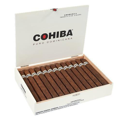 General Cigar Cohiba Puro Dominicana Churchill Cigars 25Ct. Box, open box showing neatly arranged brown cigars with white bands, inside a white packaging box with premium branding.