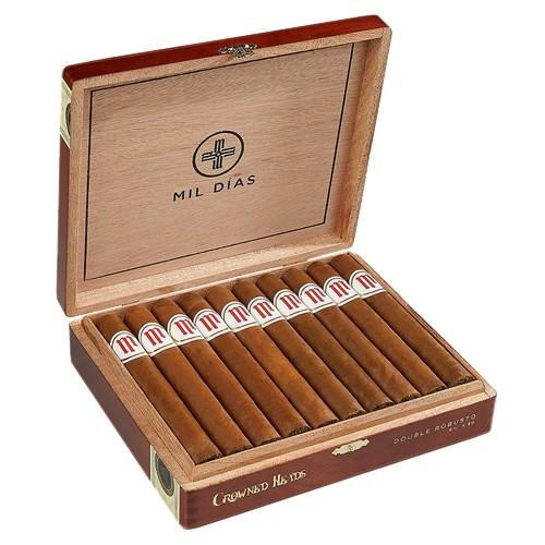 Crown Heads Mil Días Double Robusto Cigars 20 Count Box, open wooden cigar box displaying individually wrapped cigars with red and white bands.