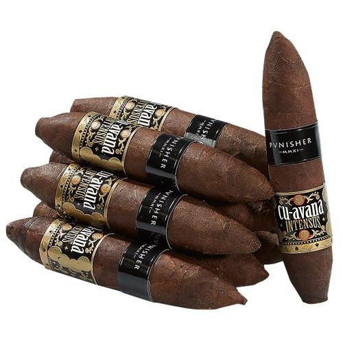 Cu-Avana Punisher Jalapeno Popper Cigars 10 Count Pack, a collection of cigars with dark brown wrappers and gold and black labels, displayed with one cigar standing upright.