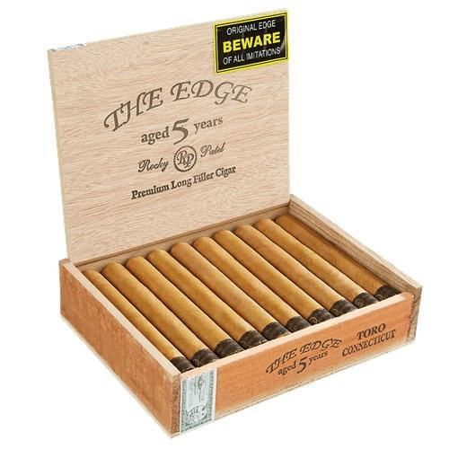 Rocky Patel The Edge Connecticut Cigars, a wooden cigar box containing ten premium long filler cigars with light brown wrappers