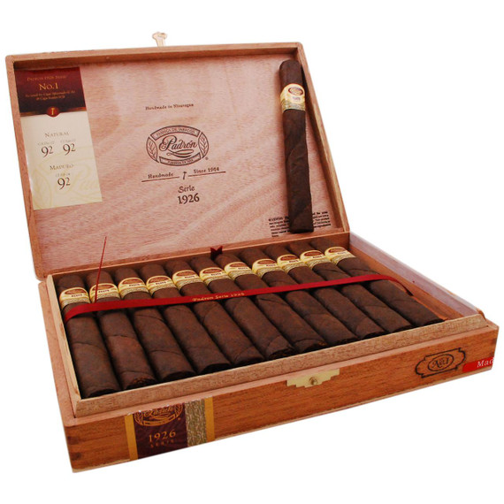Padron 1926 Series No.1 Maduro Cigars 24Ct. Box, wooden box with cigars inside and a single cigar placed on the lid, branded cigar bands visible on each cigar.