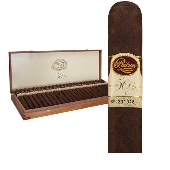 Padron 50th Anniversary Refill No. 7 Maduro Cigars 50Ct. Box, featuring a wooden cigar box filled with cigars and a close-up of a single cigar with a gold and black band.
