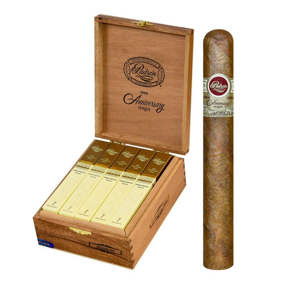 Padron 1964 Anniversary Presidente Square Tubo Natural Cigars 15Ct. Box, wooden box with cigars inside and one cigar outside showing its band.