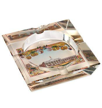 Quality Importers Humidors Lotus Cuban Vista Collection Ashtray - Henry Clay, a stylish metallic ashtray with the Cuban Vista design inlaid with colorful cigar-themed artwork.