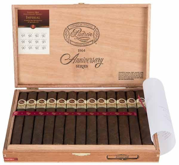 Padron 1964 Anniversary Series Imperiales Maduro Cigars 25Ct. Box, open wooden box showing 25 cigars with gold and red bands, inside lid features logo and product details.