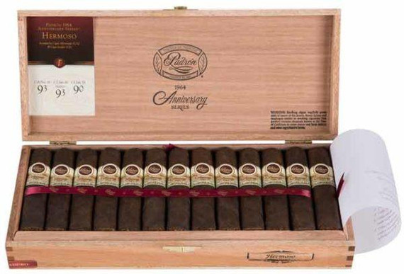 Padron 1964 Anniversary Hermoso Maduro Cigars 26Ct. Box, opened wooden cigar box with 26 cigars inside lined with red satin