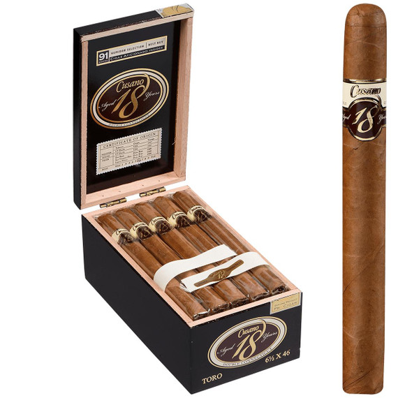 Cusano 18 Toro Connecticut Cigars 18Ct. Box, open black and wood cigar box showcasing six cigars with labels, and a close-up of a single cigar with a brown wrapper and black and white band.