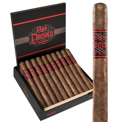 Dark Domain Maduro Gordo Cigar 20Ct. Box, image of a black box with the cigars arranged inside and one cigar standing outside the box, featuring a red and black label with the product name.