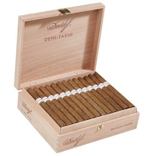 Davidoff Minis Demi-Tasse Cigarillos 50Ct. Box, wooden box containing 50 small cigars neatly arranged inside.