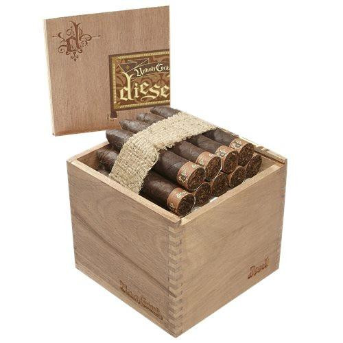 Diesel Unholy Cocktail Cigars 30Ct. Box, wooden storage box with open lid showing cigars inside securely held with a fabric strap, decorative interior and branding on the lid