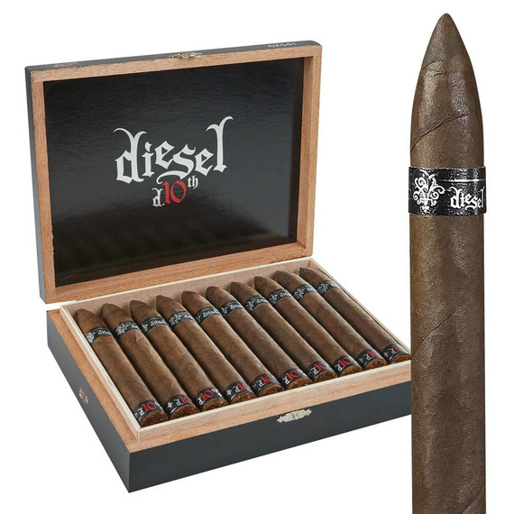Diesel 10th Anniversary d.654T Cigars 20Ct. Box, wooden cigar box containing 20 cigars with dark wrappers and Diesel branding, open lid showing interior with Diesel logo.