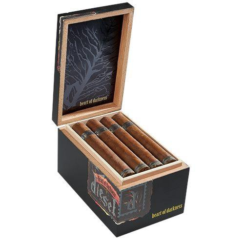 Diesel Heart of Darkness Cigars 14Ct. Box, open wooden cigar box displaying four cigars with dark wrappers and cigar bands, black exterior with artistic design.