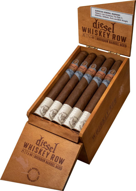 Diesel Whiskey Row Churchill Cigars 25Ct. Box, open wooden cigar box with five cigars inside, featuring branded bands and labels, showcasing premium bourbon barrel-aged cigars.