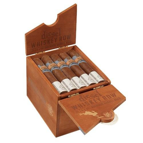 Diesel Whiskey Row Gigante Cigars 25Ct. Box, wooden cigar box with open lid revealing cigars inside.