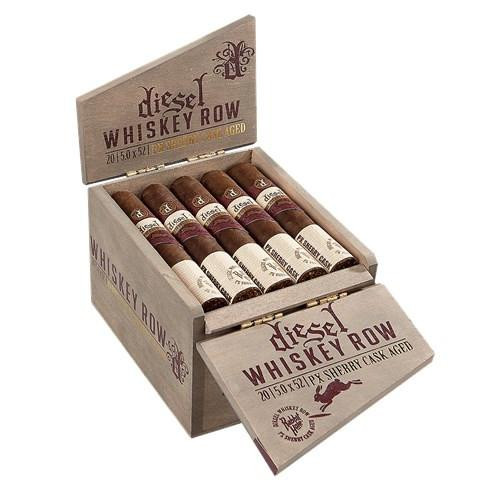 Diesel Whiskey Row Sherry Cask Robusto Cigars 20Ct. Box, open cigar box displaying pre-lit cigars with labels and branding.