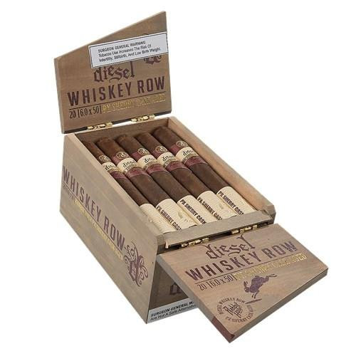 Diesel Whiskey Row Sherry Cask Toro Cigars 20Ct. Box, an open wooden box containing 20 cigars with labels, showcasing the premium packaging and cigar arrangement.