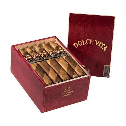 Dolce Vita Cafe Coffee Barberpole Edition Gran Torpedo Cigars 20Ct. Box, image of a maroon cigar box with the lid partially open revealing five cigars wrapped in brown and gold bands inside.