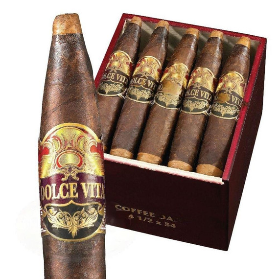 Dolce Vita Cafe Coffee Dark Edition Figurado Cigars 20Ct. Box, close-up of a single cigar with ornate label, and a box containing six cigars with matching labels.