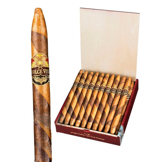 Dolce Vita Cafe Coffee Dark Edition Lancero Cigars 20 Count Box, image of a cigar and an open box containing multiple cigars with a wooden finish and decorative bands.